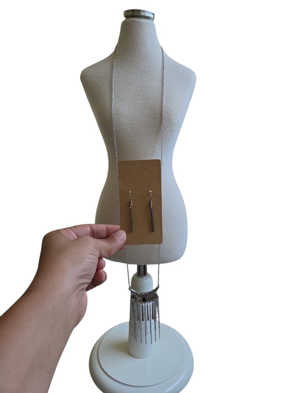 Silver Tassel Pendant Necklace with Matching Earrings 42"